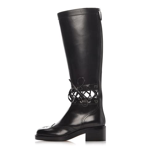 CHANEL Calfskin Lace Up Knee High Boots 36.5 Black